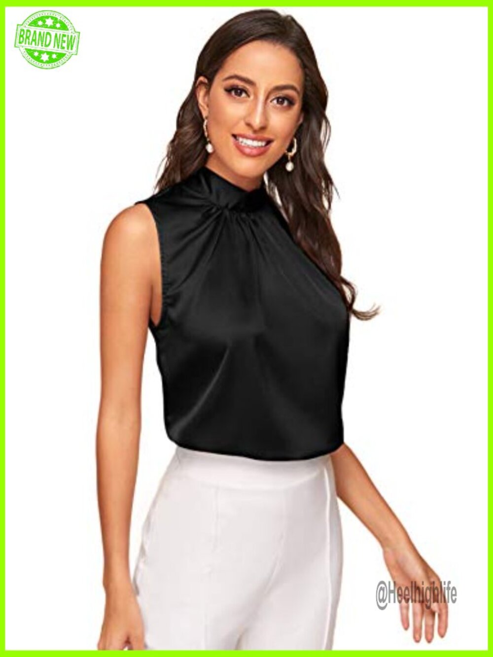 Elegant Sleeveless Satin Blouse with Tie Back and Pleated Mock Neck - Picture 3 of 5